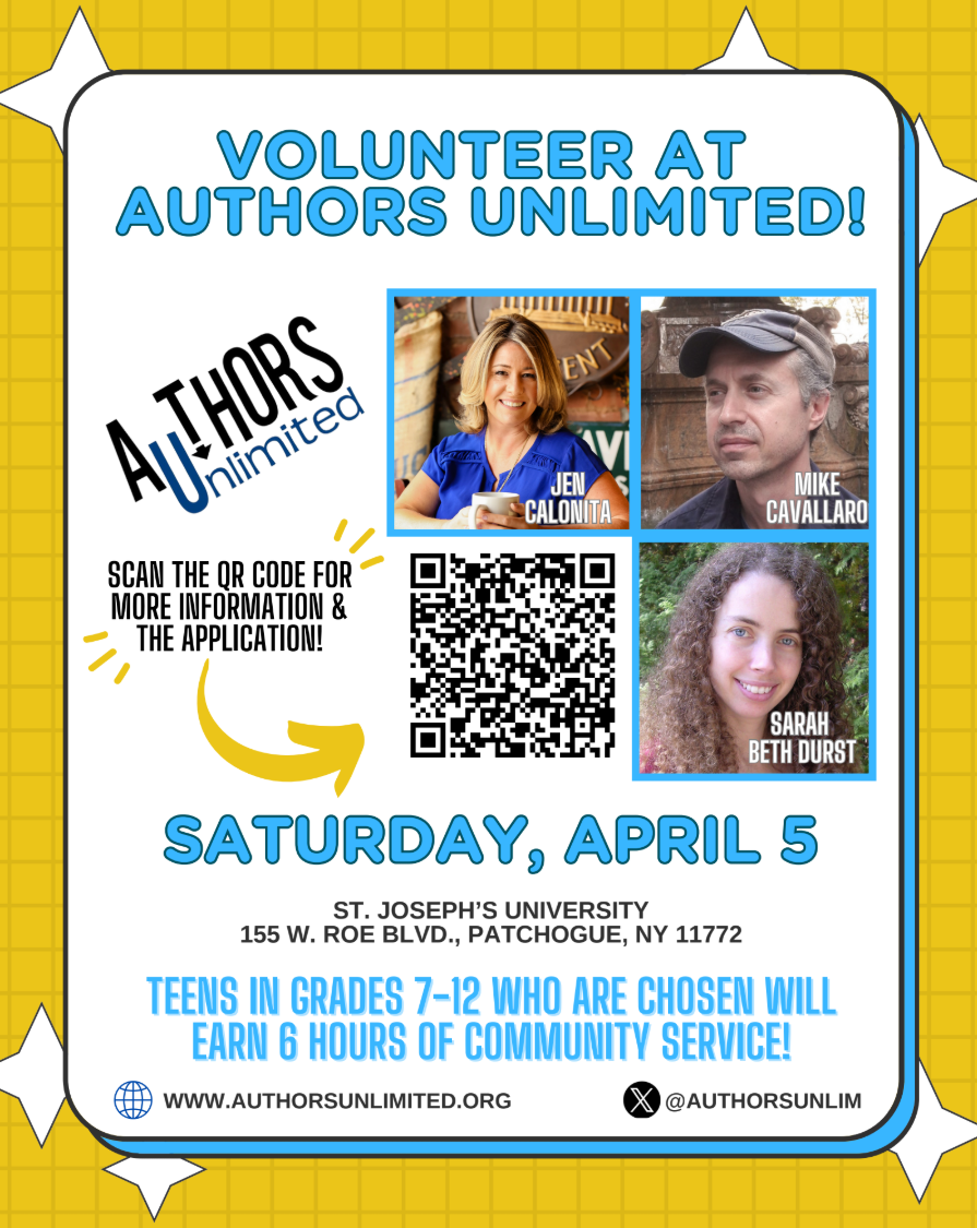A flyer for teens to volunteer at Author's Unlimited.