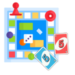 A graphic of a blue board game with two graphics of cards resembling the game UNO.